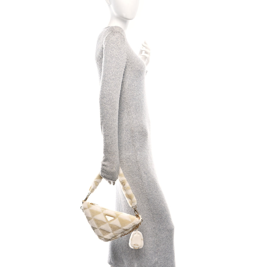 Prada Shearling Symbole Mini Triangle Bag Ecru White Image 2