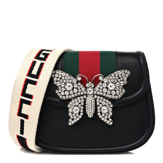 Gucci Calfskin Web Crystal Butterfly Stripe Small Totem Shoulder Bag Black Image 1