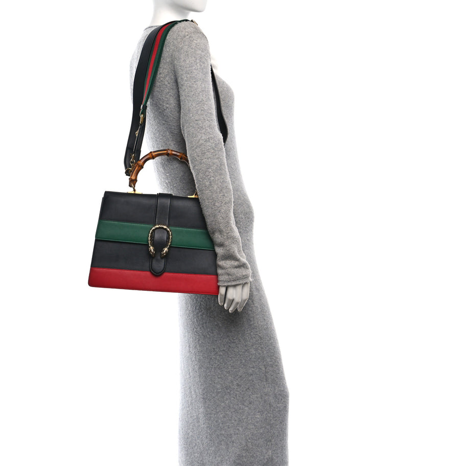 Gucci Calfskin Bamboo Web Large Dionysus Top Handle Bag Black Bright Evergreen Hibiscus Red Image 2
