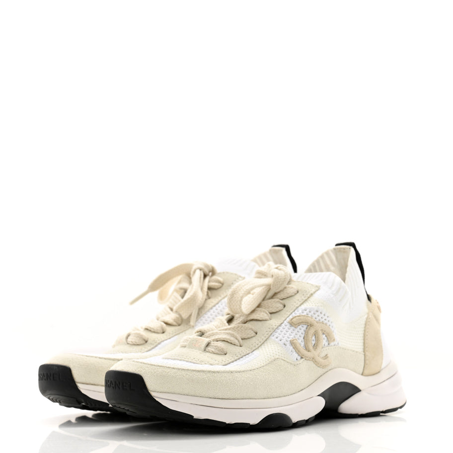 Chanel Mesh Suede Fabric Womens CC Sneakers 36 White Ivory Light Beige Image 4