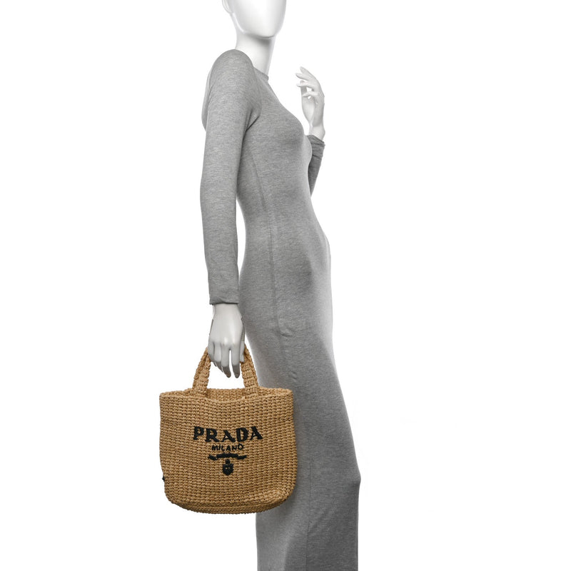  Prada Yarn Raffia Effect Crochet Embroidered Small Logo Tote Naturale