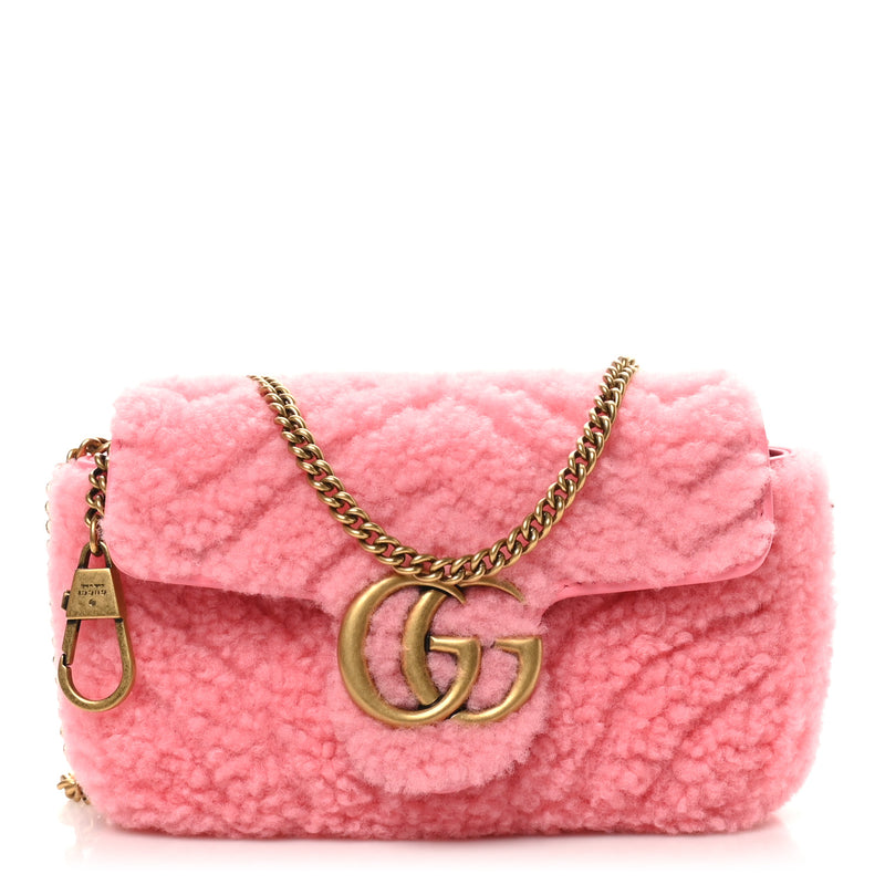  Gucci Shearling Matelasse Super Mini GG Marmont Shoulder Bag Lotus Pink