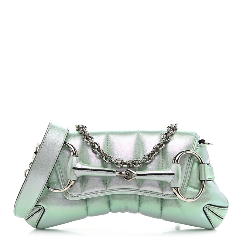  Gucci Iridescent Nappa Vertical Matelasse Medium Maxi Horsebit Chain Shoulder Bag Iridescent Salvy Green