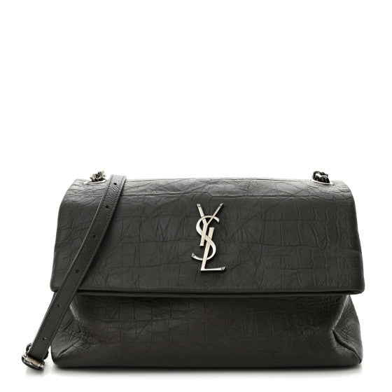 Saint Laurent Calfskin Crocodile Embossed Medium West Hollywood Monogram Fold-Over Earth Image 1