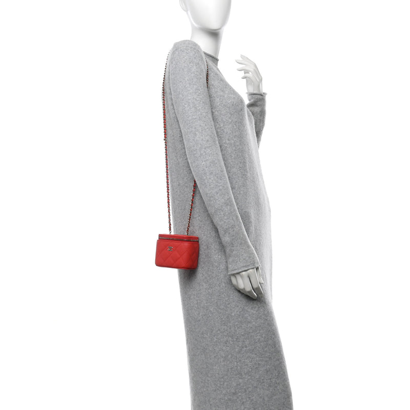  Chanel Caviar Quilted Mini Vanity Case With Chain Red