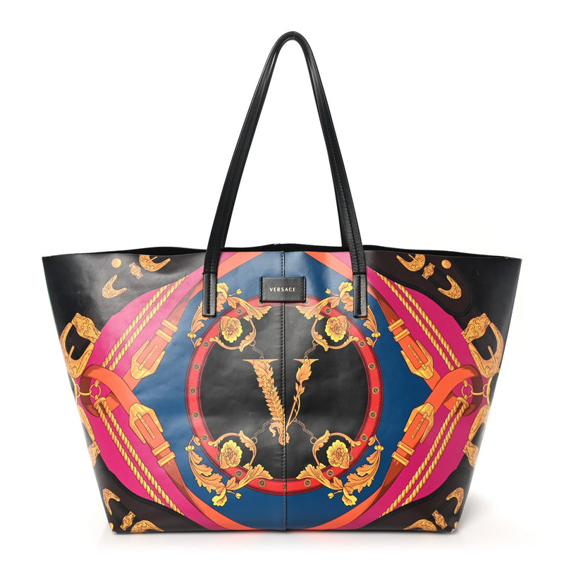  Versace Calfskin Heritage Printed Tote Black Multicolor