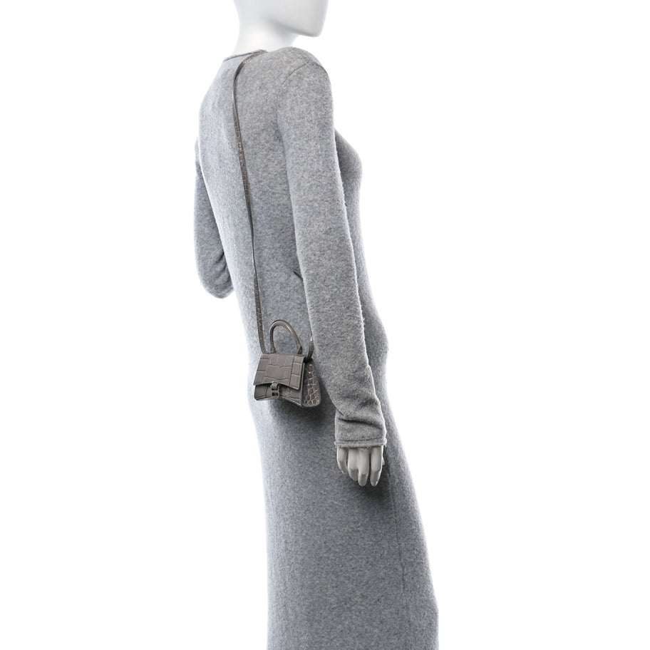 Balenciaga Shiny Calfskin Crocodile Embossed Hourglass Top Handle Bag Mini Steel Grey Image 3