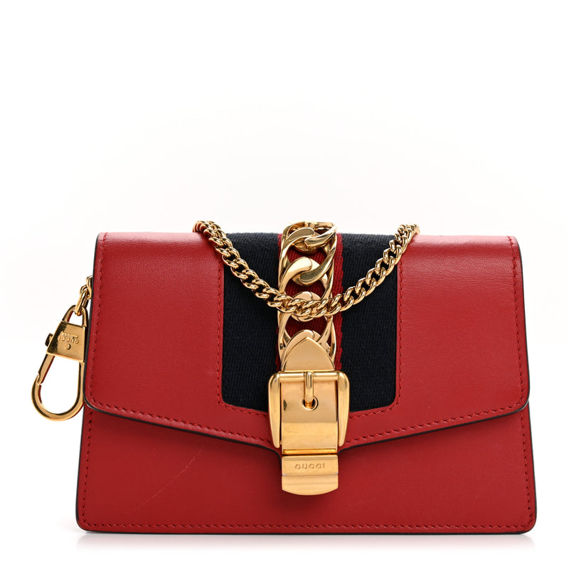  Gucci Calfskin Super Mini Sylvie Chain Shoulder Bag Hibiscus Red