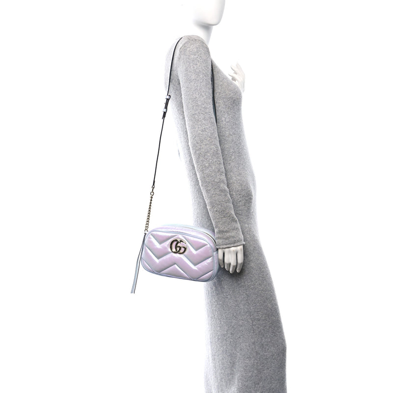  Gucci Iridescent Nappa Chevron Matelasse Small GG Marmont Chain Shoulder Bag Iridescent Snow Light Blue
