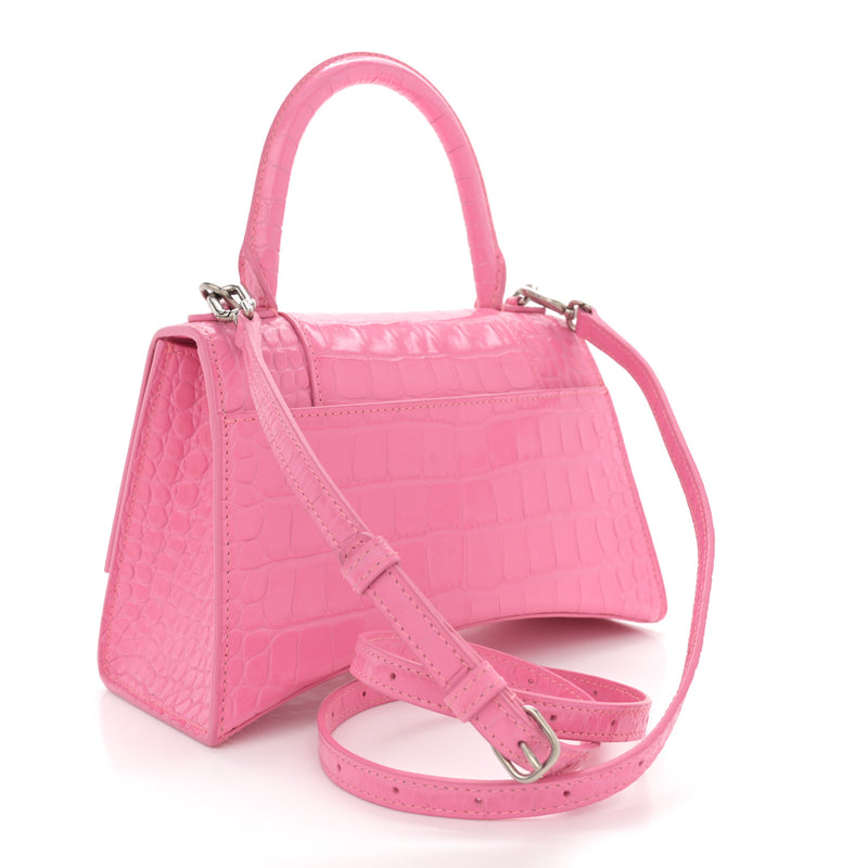  Balenciaga Shiny Calfskin Crocodile Embossed Small Hourglass Top Handle Bag Baby Pink