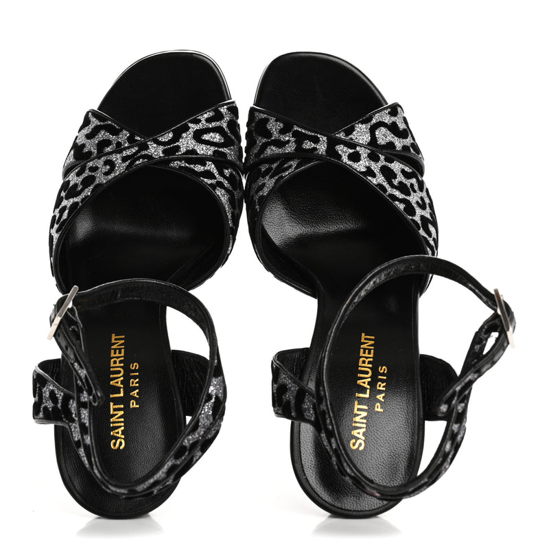  Saint Laurent Velvet Glitter Leopard Print Platform Sandals 37 Argento Black