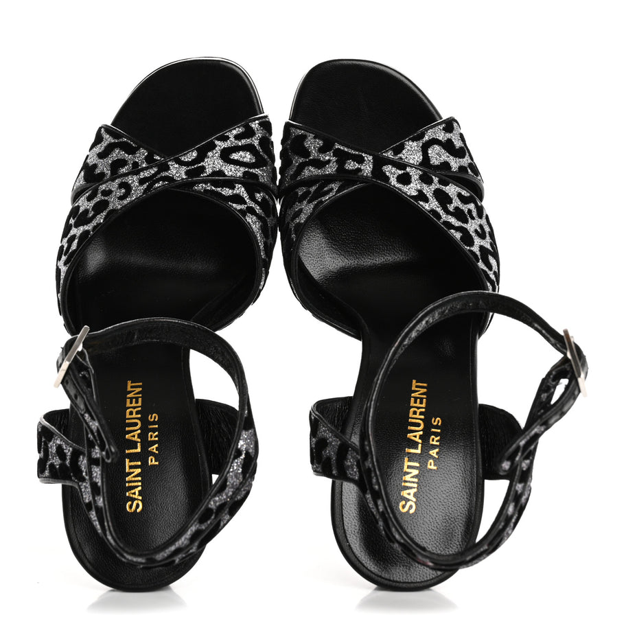 Saint Laurent Velvet Glitter Leopard Print Platform Sandals 37 Argento Black Image 2