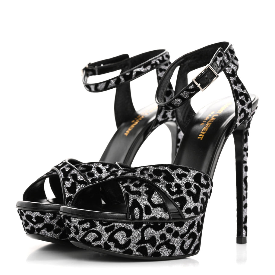 Saint Laurent Velvet Glitter Leopard Print Platform Sandals 37 Argento Black Image 4