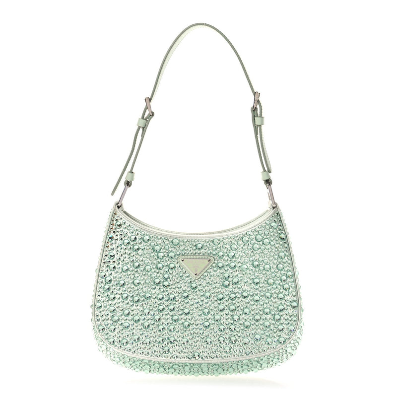  Prada Satin Crystal Cleo Adjustable Strap Shoulder Bag Acqua
