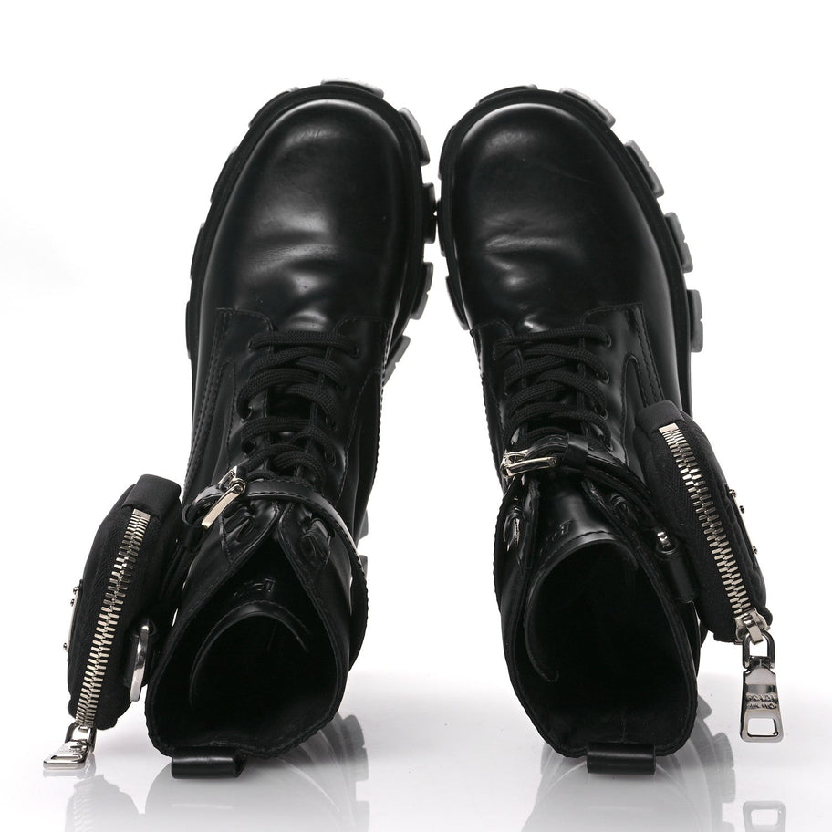 Prada Spazzolato Rois Nylon Metal Triangle Logo Monolith Pouch Pocket 55mm Boots 38.5 Black Image 2
