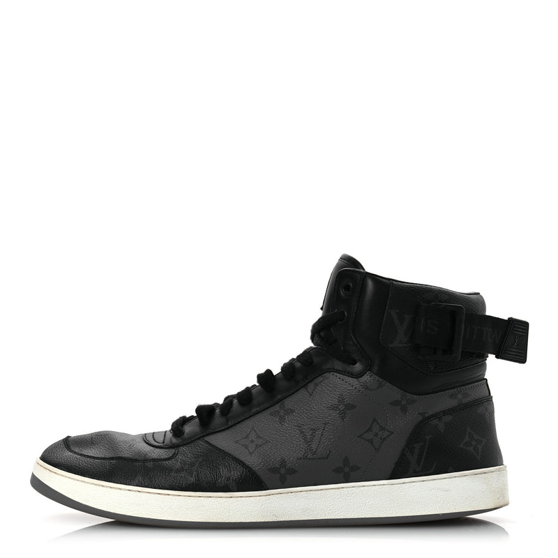  Louis Vuitton Calfskin Monogram Eclipse Mens Rivoli High Top Sneakers 10.5 Black Grey