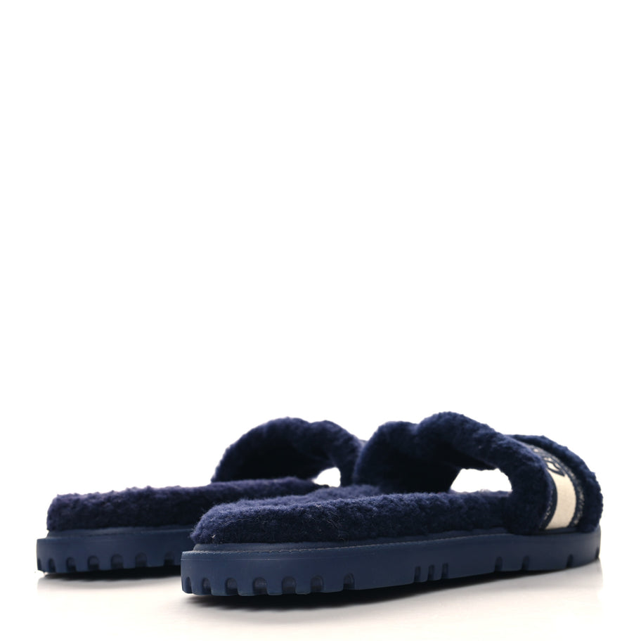 Christian Dior Shearling Canvas Lurex Embroidered Dway 10mm Slide Sandals 41 Navy Natural Image 5