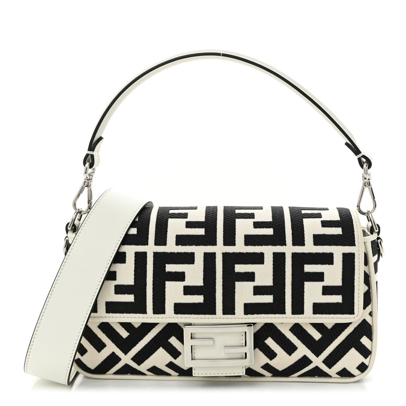  Fendi Canvas Vitello King FF Embroidered Baguette White Black