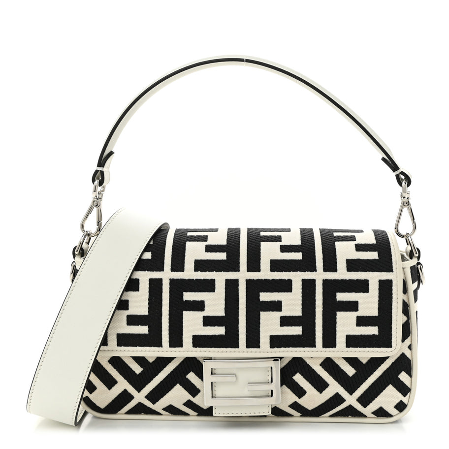 Fendi Canvas Vitello King FF Embroidered Baguette White Black Image 1