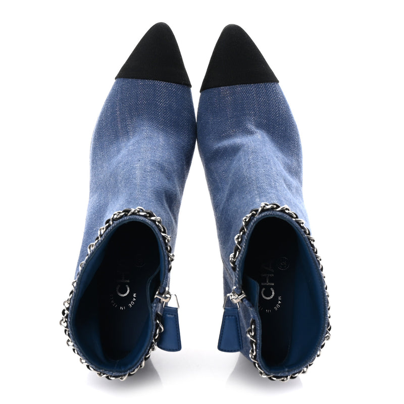  Chanel Denim Grosgrain Cap Toe Short Boots 37 Blue