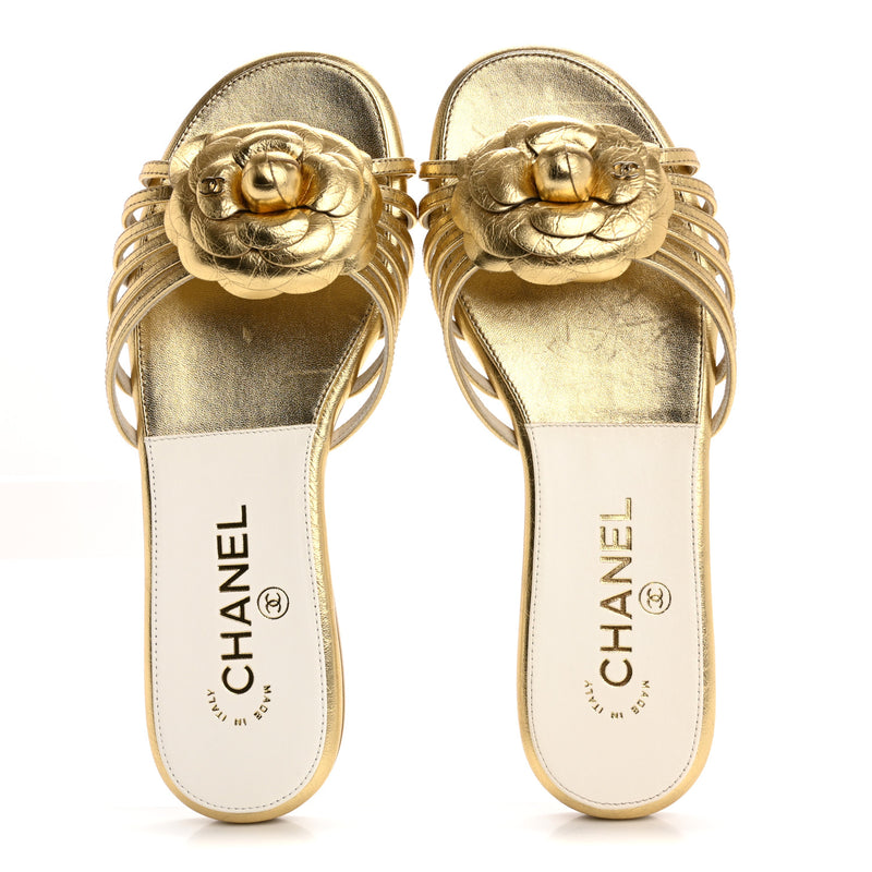  Chanel Laminated Lambskin Camellia CC Slide Sandals 36 Golden