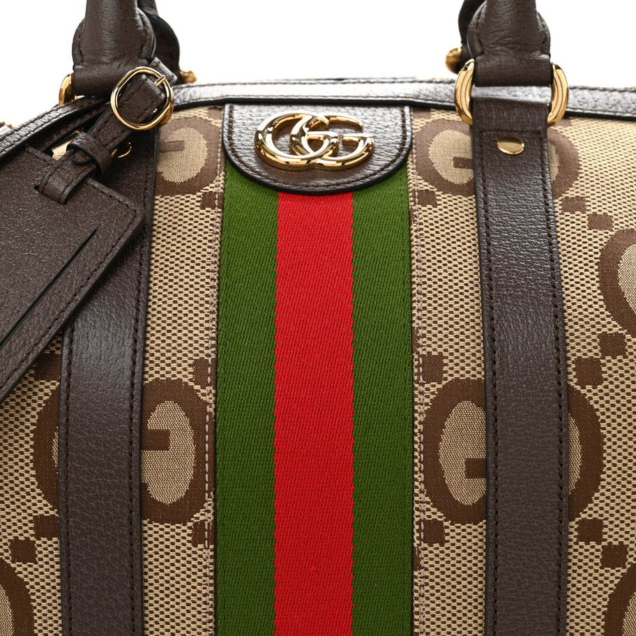 Gucci Monogram Jumbo GG Textured Dollar Calfskin Web Medium Duffle Bag Camel Ebony Image 7
