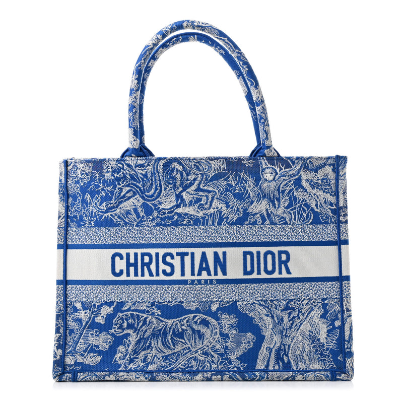  Christian Dior Canvas Embroidered Medium Dioriviera Toile De Jouy Book Tote Fluorescent Blue