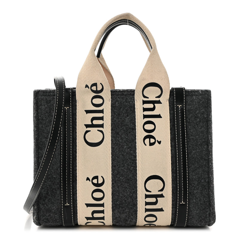  Chloe Felt Calfskin Small Woody Ribbon Tote With Strap Cashmere Grey