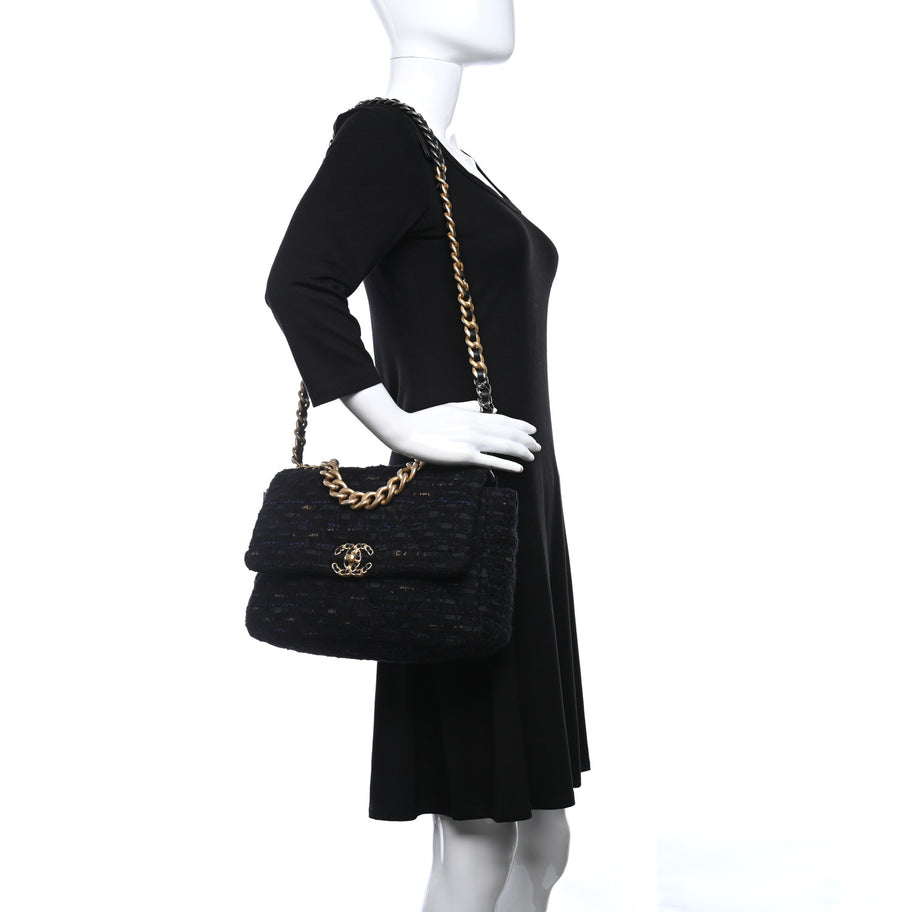 Chanel Tweed Quilted Large 19 Flap Black Navy Gold Image 2