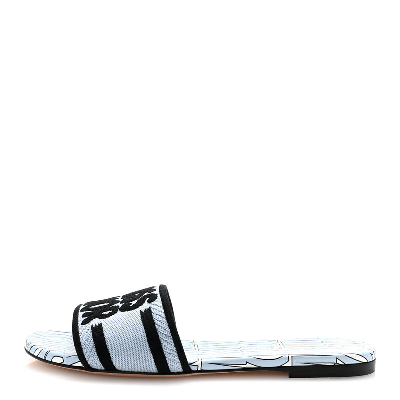  Christian Dior Canvas Miss Dior Embroidered Dway Flat Slide Sandals 37.5 Azure Pale