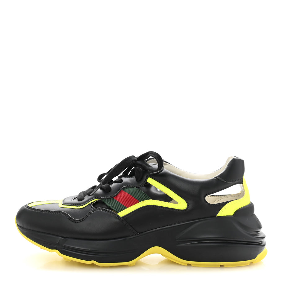 Gucci Demetra Web Mens Rhyton Cut Out Sneakers 10 Black Yellow Fluo Image 1