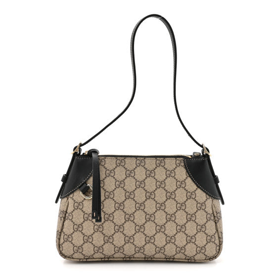 Gucci GG Supreme Monogram Textured Calfskin Small Emblem Shoulder Bag Beige Black Image 1
