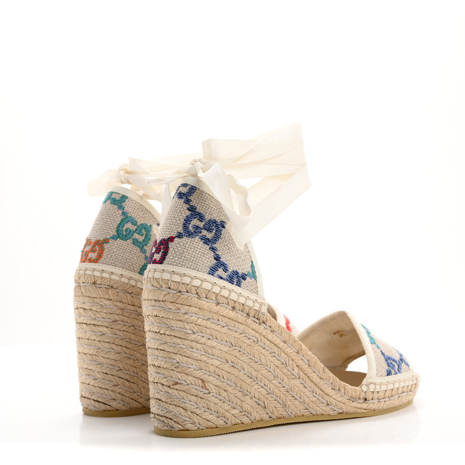 Gucci Linen Psychedelic Mini GG Monogram Ankle Wrap Platform Espadrille Wedge Sandals 39 Multicolor Mystic White Image 5