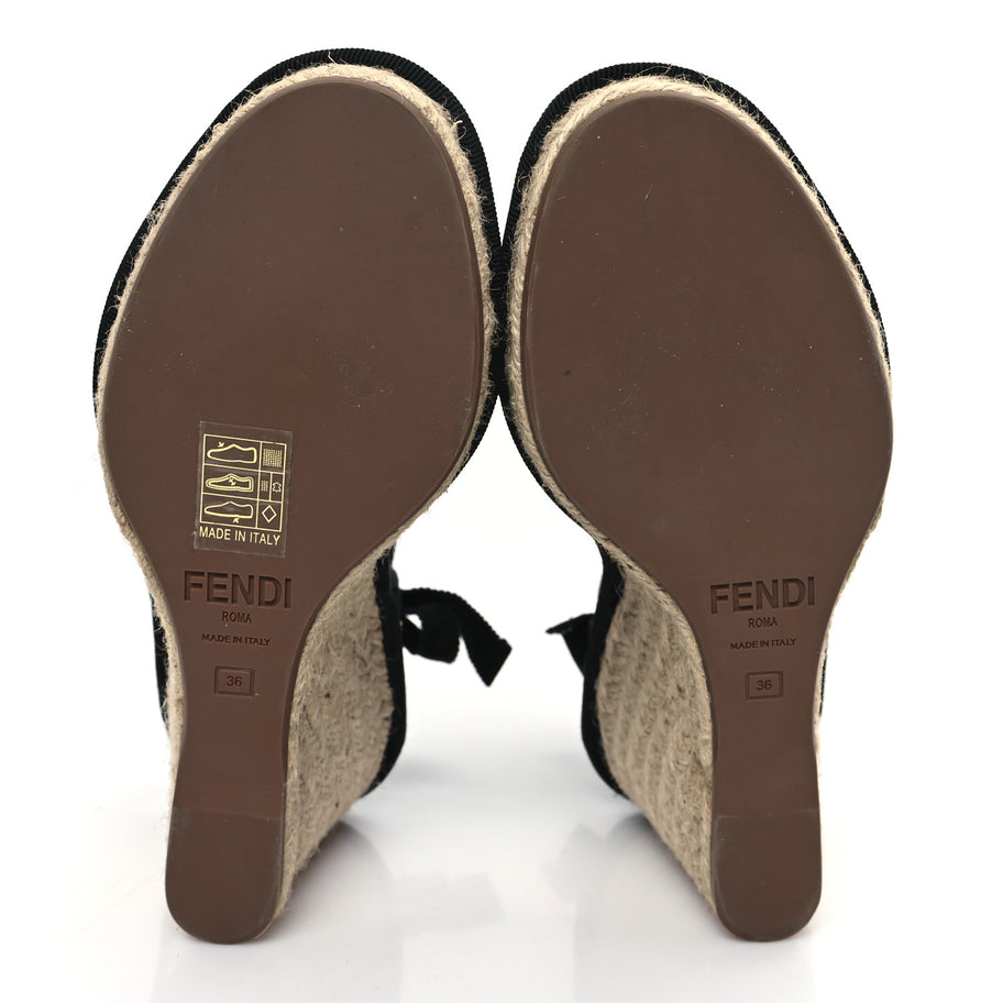 Fendi Canvas FF Embroidered Roma Ankle Wrap Wedge Espadrilles 36 Black Image 5