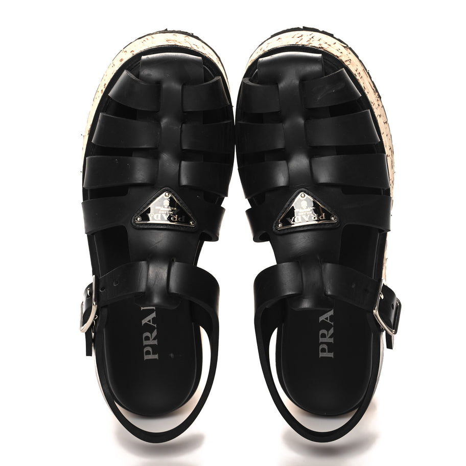 Prada Rubber Soft Cork Triangle Fisherman 75mm Platform Sandals 37 Black Image 2