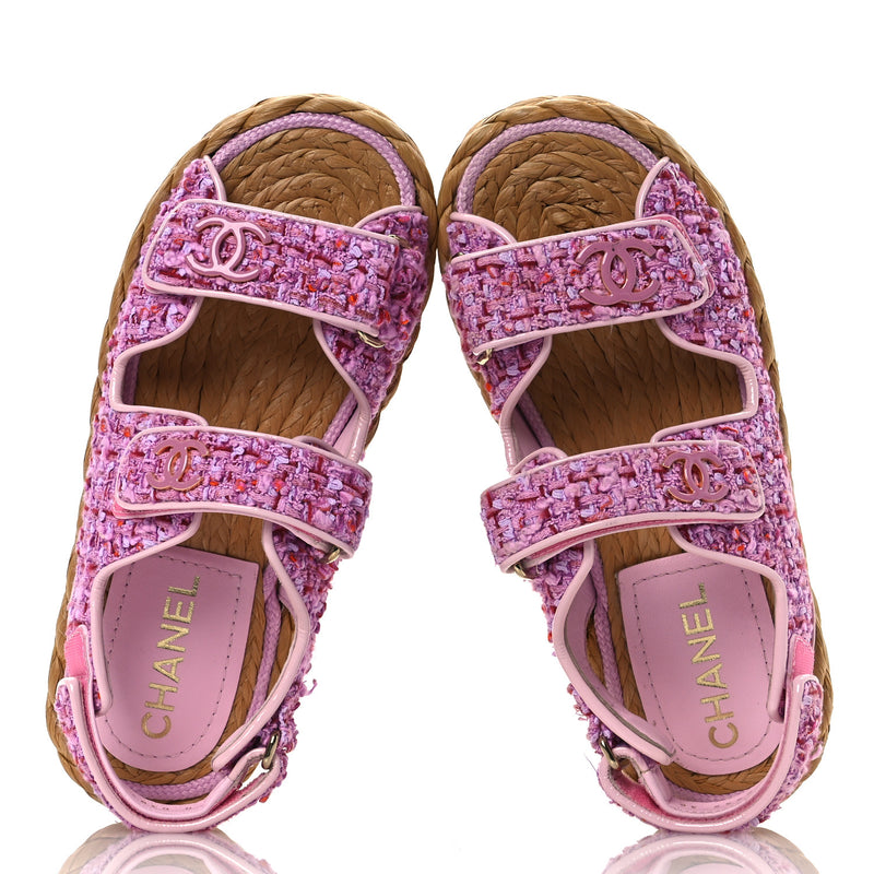  Chanel Tweed Patent Calfskin Velcro Dad Sandals 36 Light Purple Pink Red