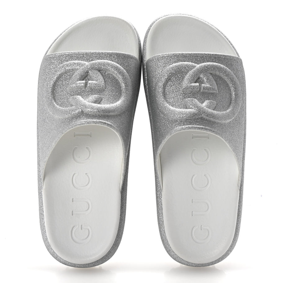 Gucci Glitter Rubber Womens InterLocking G Platform 42mm Slide Sandals 37 Silver Image 2