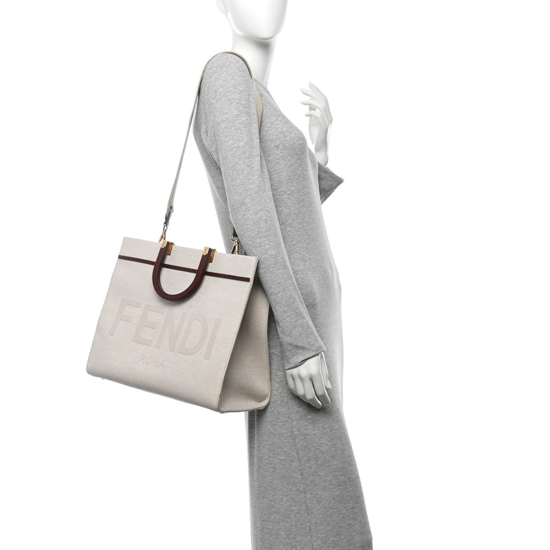  Fendi Canvas Vitello King Logo Embroidered Medium Sunshine Shopper Tote Grezzo Ghianda