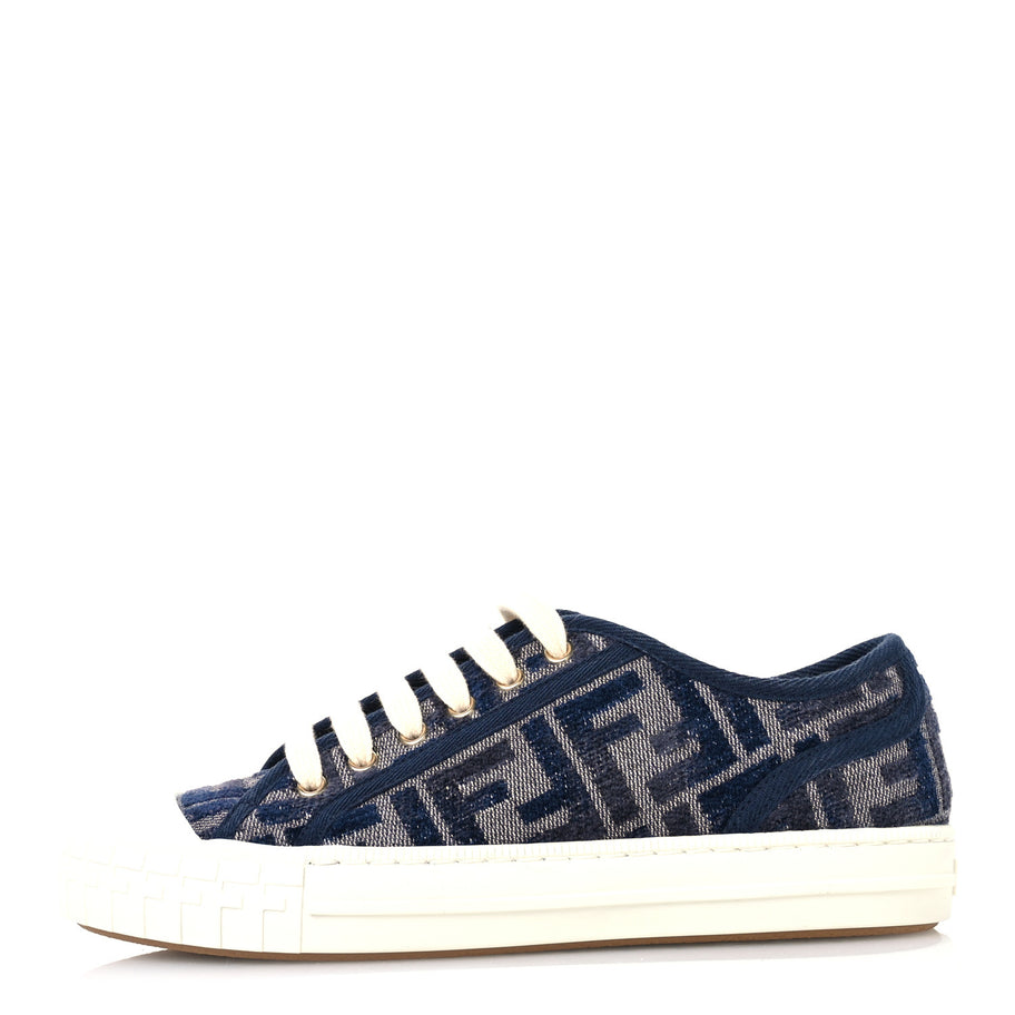 Fendi Chenille FF Embroidered Womens Domino Low Top Sneakers 36 Grigio Blue Notte Image 1
