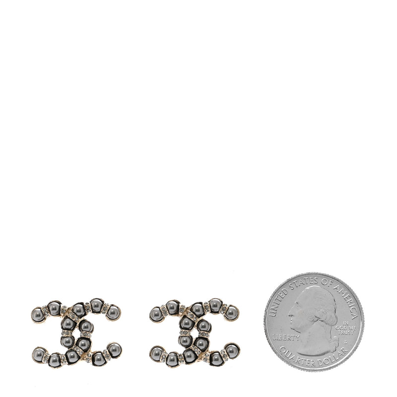  Chanel Pearl Crystal Nefertiti CC Earrings Silver Dark Grey