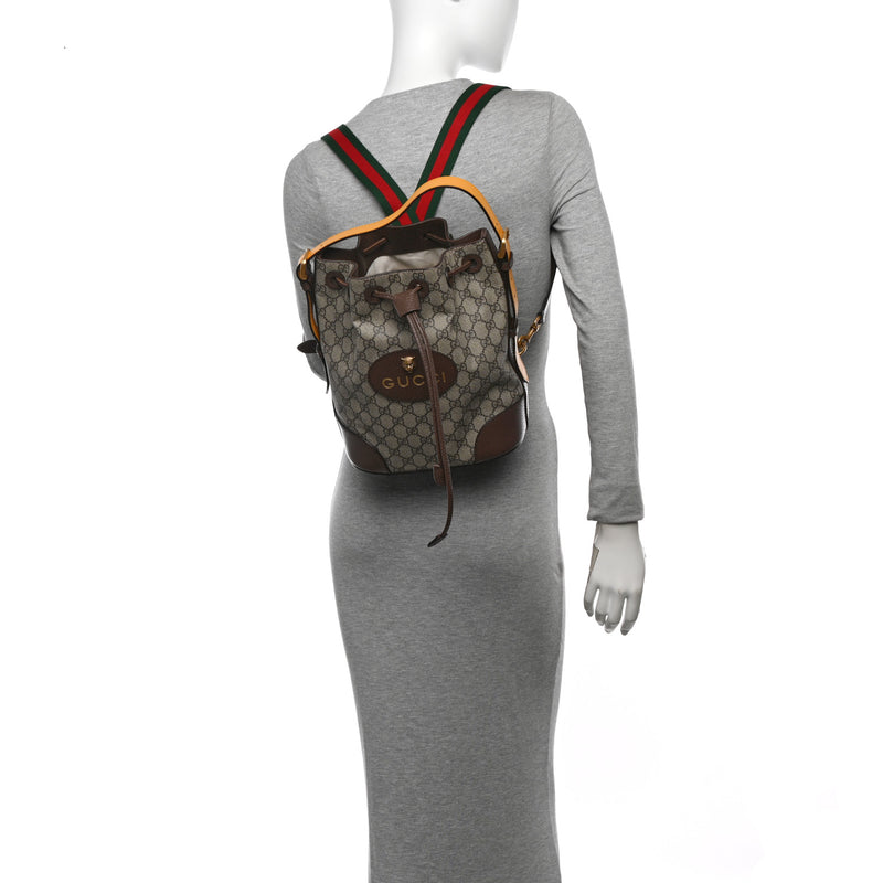  Gucci GG Supreme Monogram Neo Vintage Drawstring Bucket Backpack Beige New Acero Crop