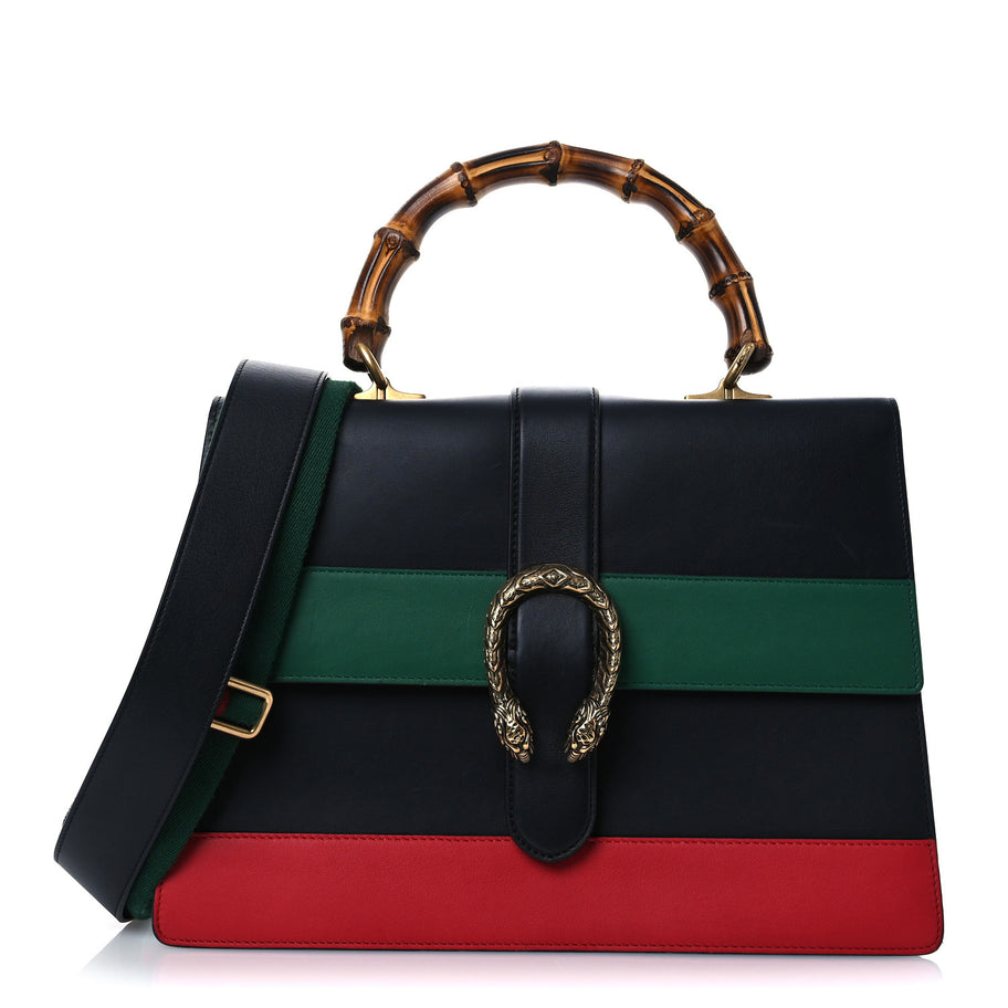 Gucci Calfskin Bamboo Web Large Dionysus Top Handle Bag Black Bright Evergreen Hibiscus Red Image 1