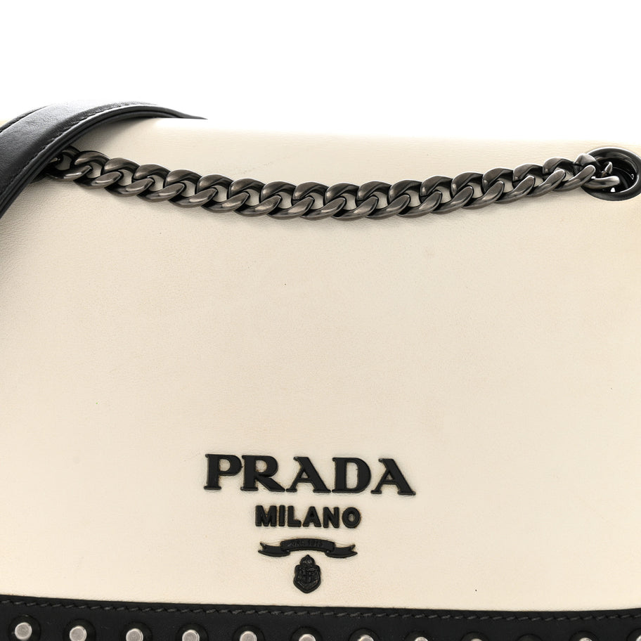Prada Glace Calfskin Studded Crossbody White Black Image 7