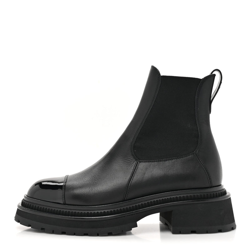  Chanel Calfskin Patent Cap Toe Ankle Boots 37.5 Black