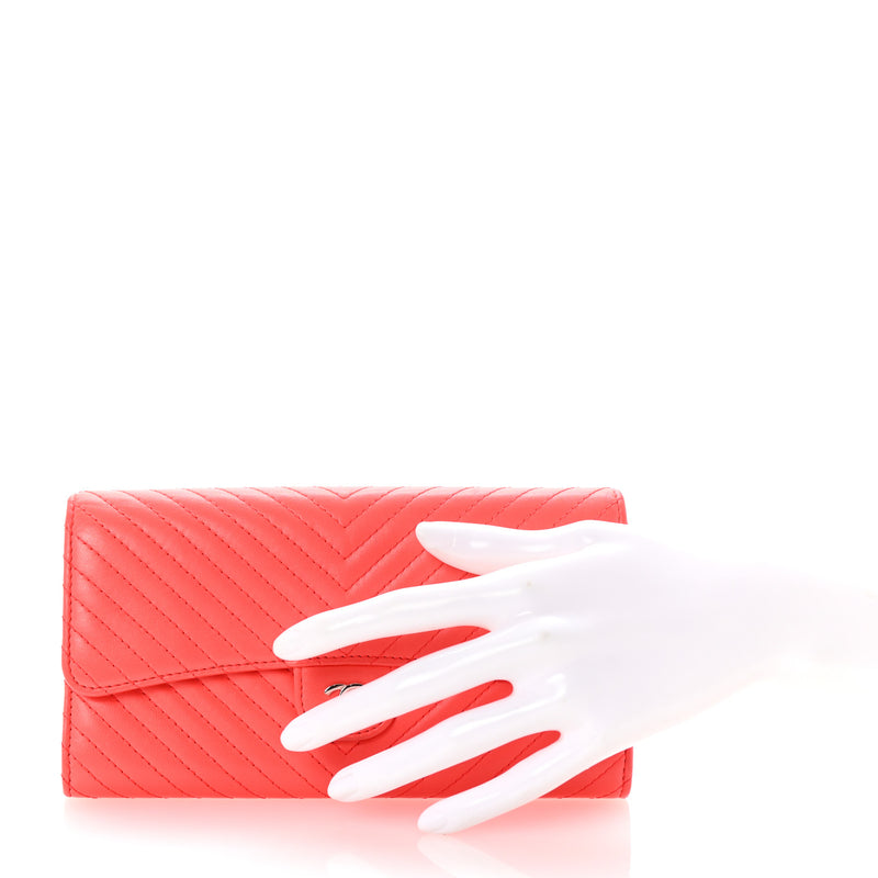  Chanel Lambskin Chevron Quilted Large Gusset Flap Wallet Red