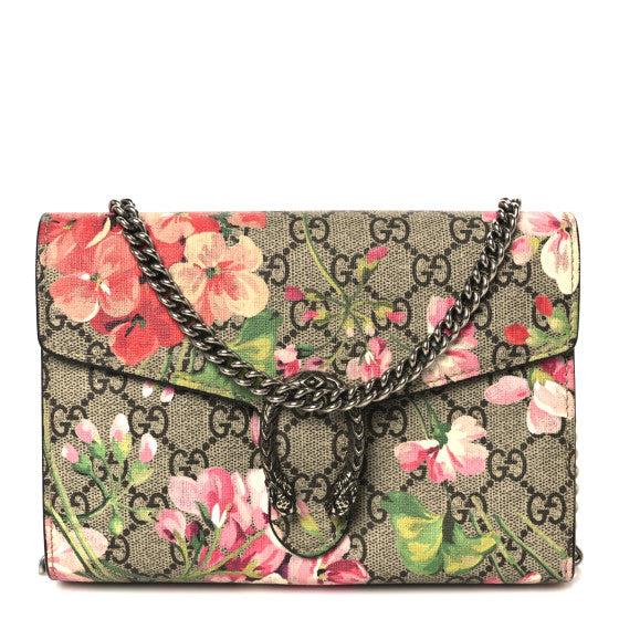  Gucci GG Supreme Monogram Blooms Mini Dionysus Chain Wallet Beige Multicolor Dry Rose