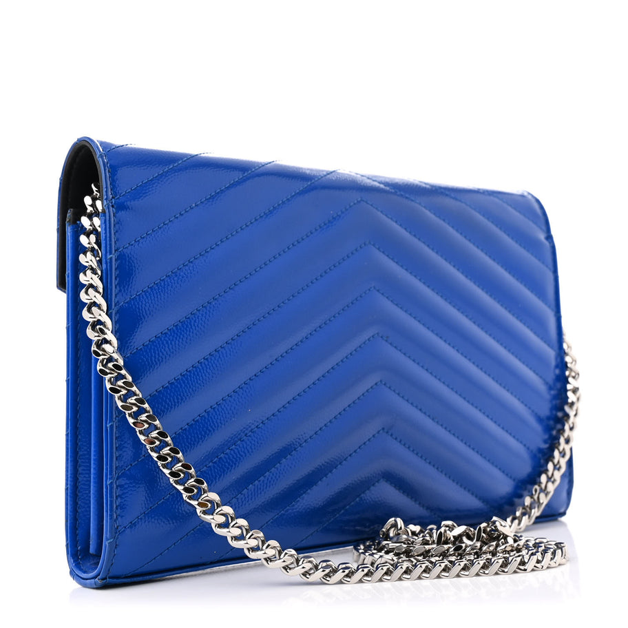 Saint Laurent Patent Grain De Poudre Matelasse Chevron Monogram Chain Wallet Blue Majorelle Image 3