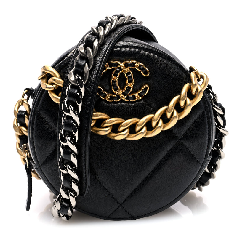  Chanel Lambskin Quilted 19 Round Clutch With Chain Black