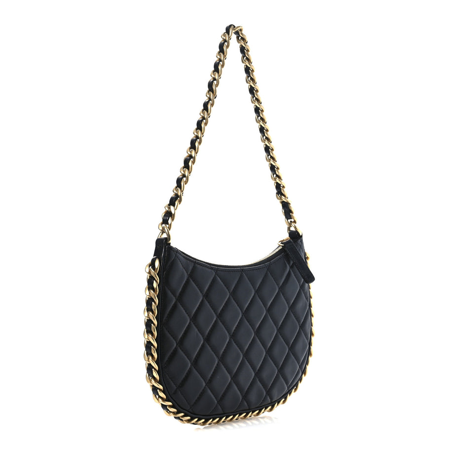 Chanel Shiny Crumpled Lambskin Quilted Trendy Chain Around Hobo Black Image 3