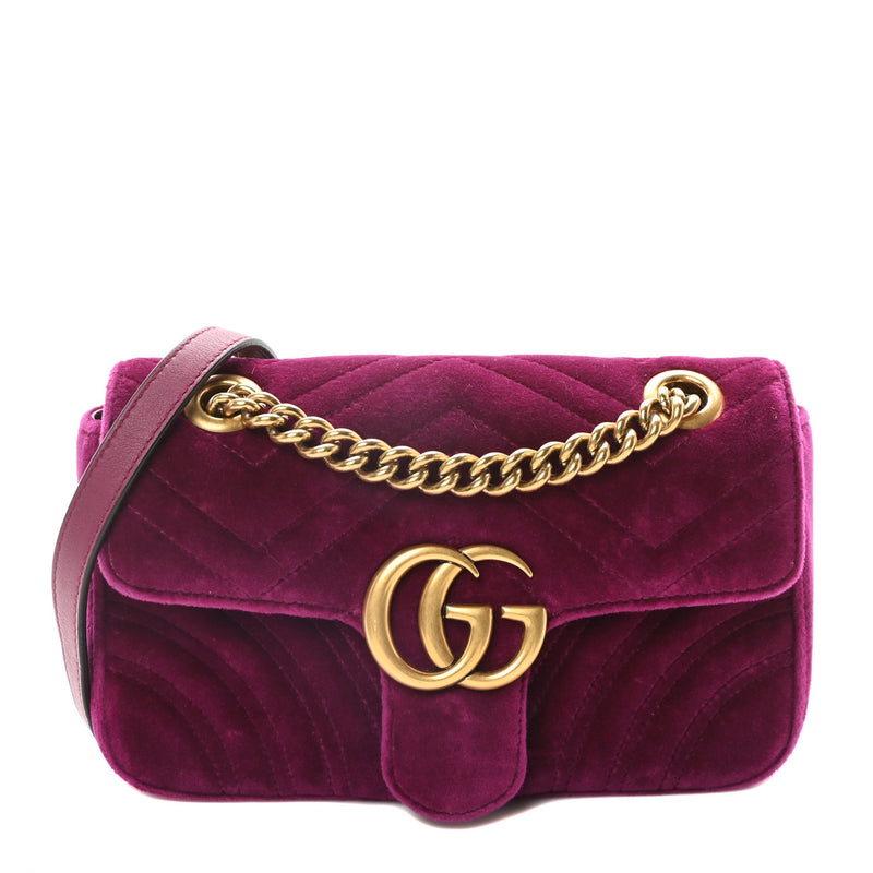  Gucci Velvet Matelasse Small GG Marmont Shoulder Bag Fuchsia Violet Cyclamen